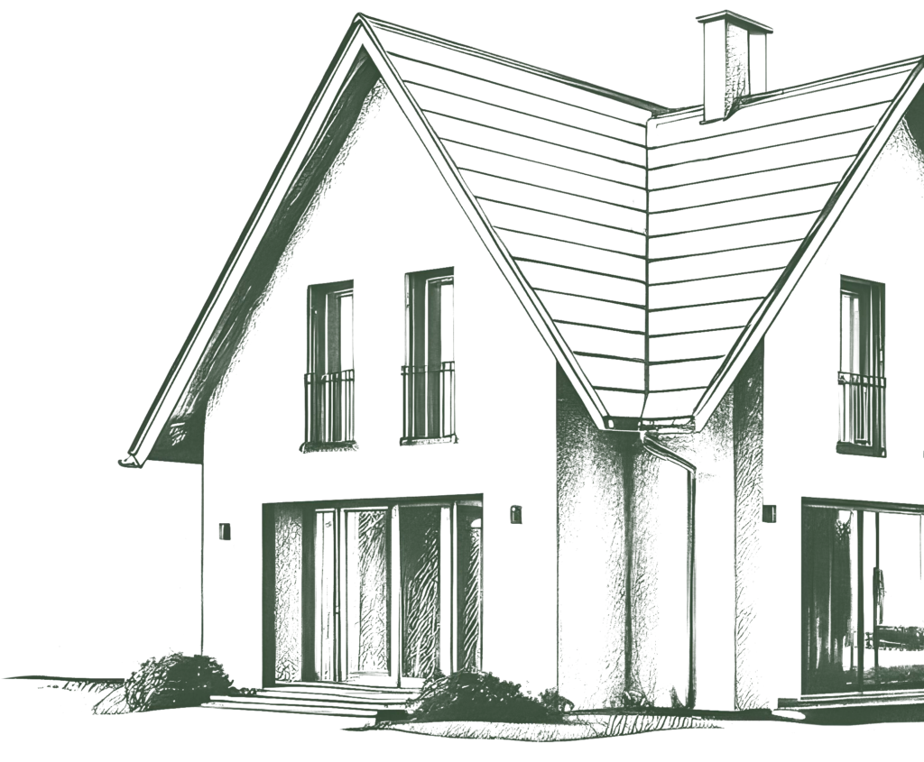 Stilisierte Zeichnung eines modernen Einfamilienhauses mit Satteldach in dunklem Grünton.
