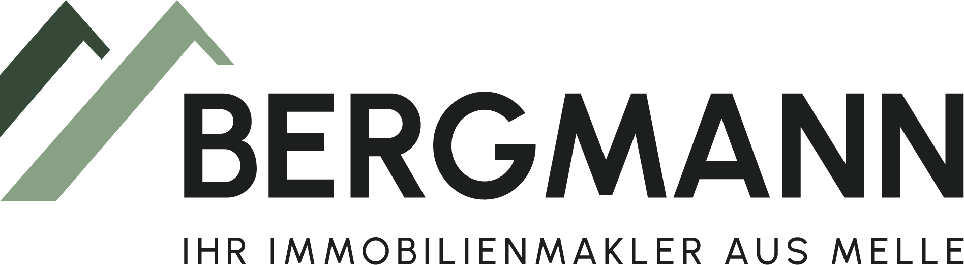 Logo mit grünen Berggipfeln, Text "BERGMANN", Slogan "Ihr Immobilienmakler aus Melle" in Schwarz.